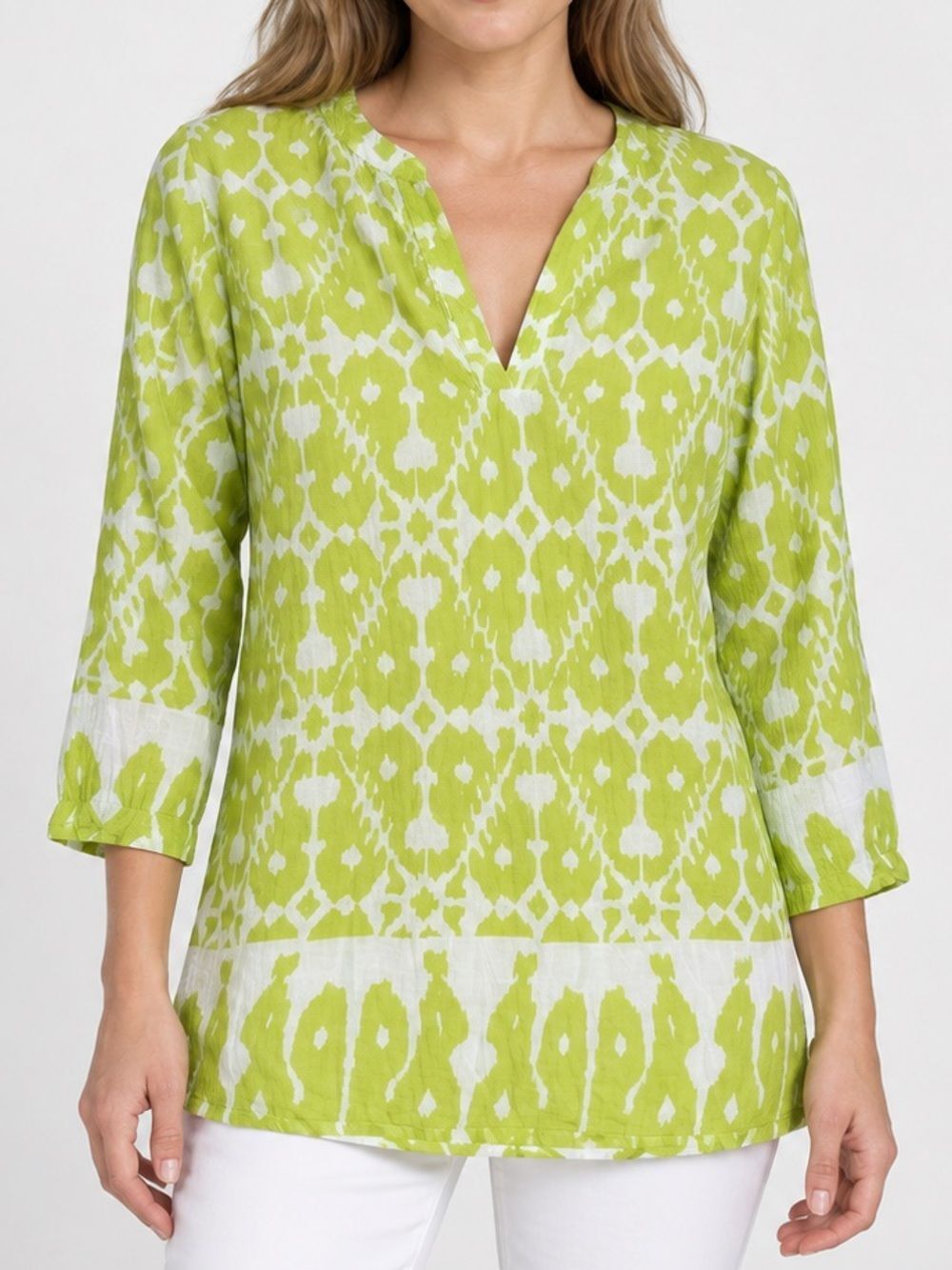 Madison Mathews Lime Green White Ikat Tunic Top Sz. S